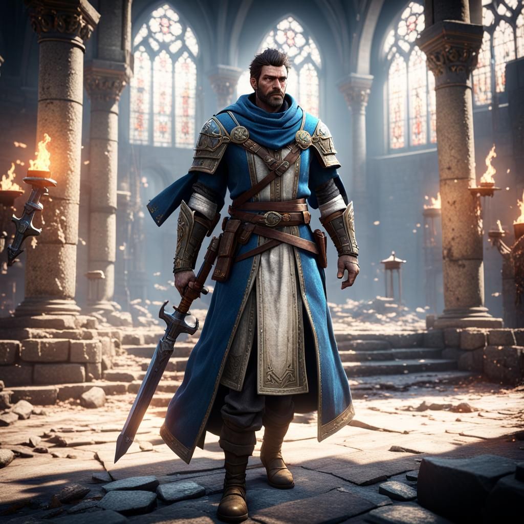 Battle-Hardened Cleric in 3D Game Cinematic Style