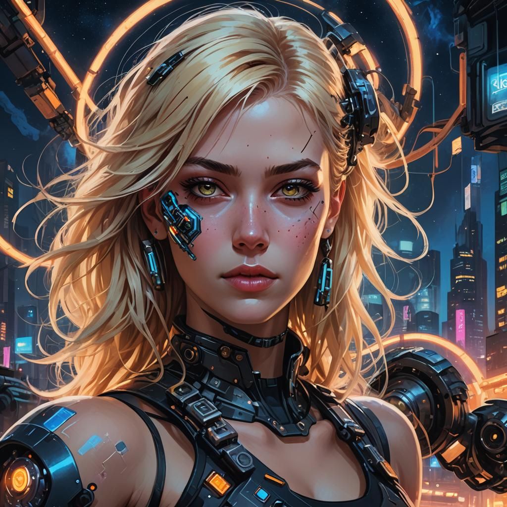 Cyberpunk Cyborg Portrait in Neon-Lit Cityscape