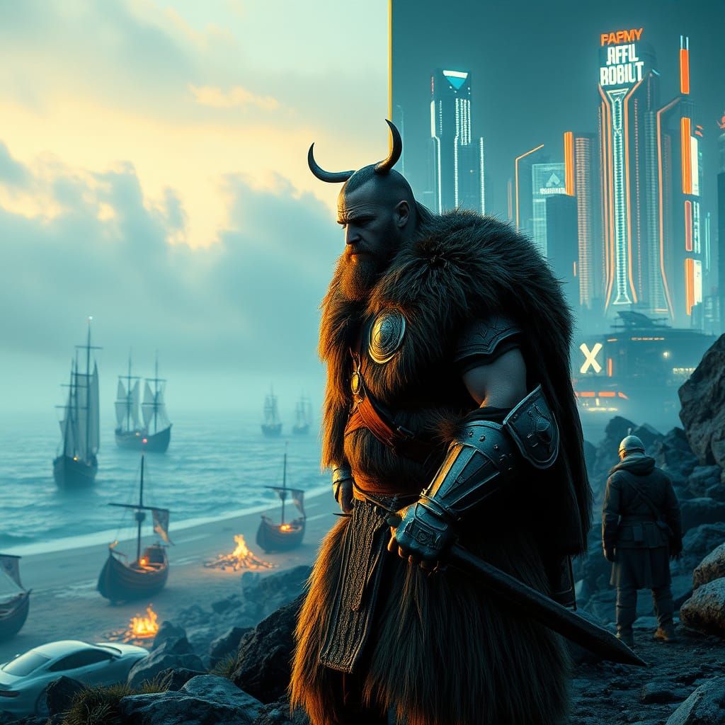 Viking Warrior's Neon City Transition in Photorealistic Styl...