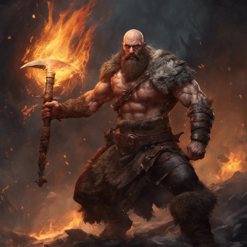 Barbarian Mercenary with Flaming Axe in Dark Fantasy Art
