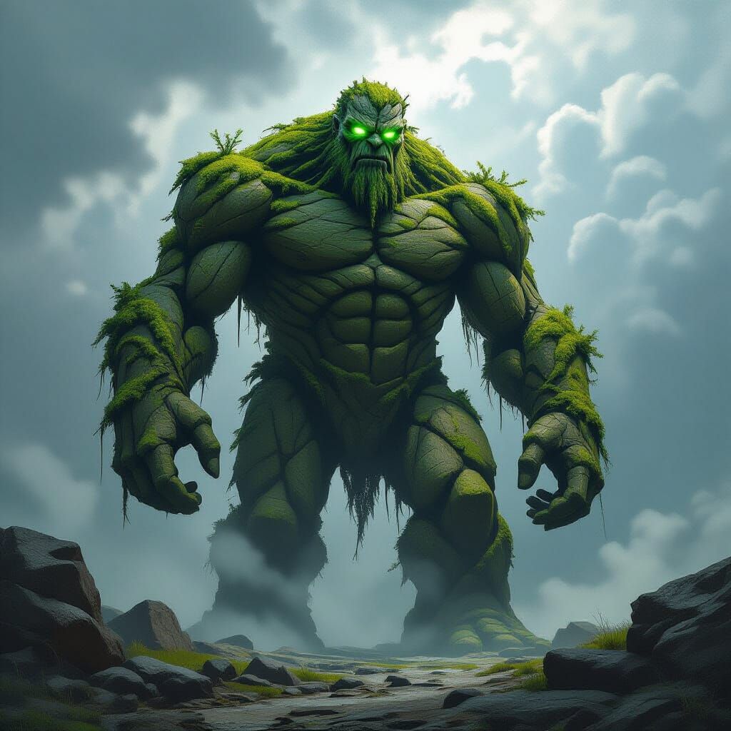 Majestic Earth Golem in Stormy Landscape