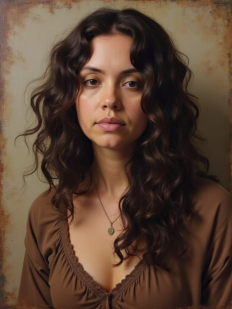 Beautiful Archeologist with Curly Hair: Oil Painting