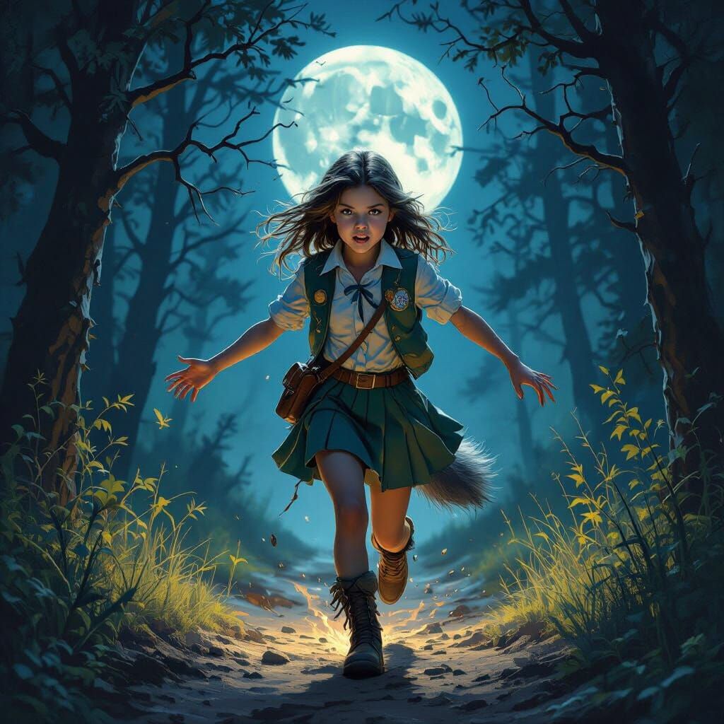 Girl Scout Transforms Into Werewolf in Moonlit Forest
