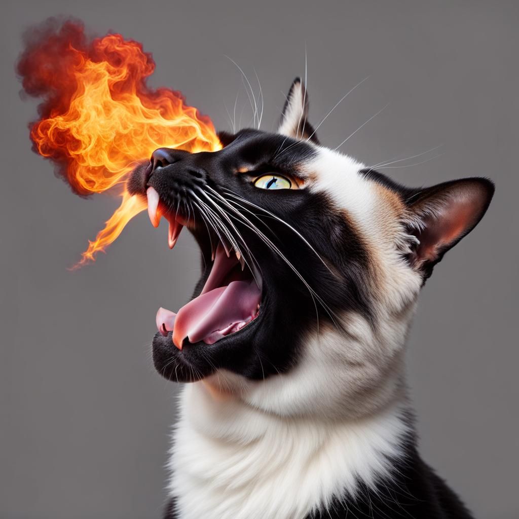 Surreal Beaked Cat Breathing Fire
