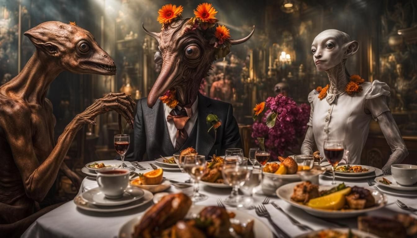 Surreal Alien Restaurant Celebration: Hyperrealistic Digital...