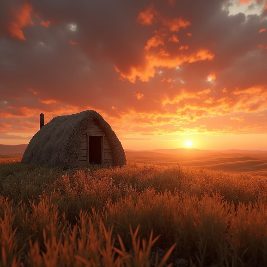 Prairie Sod House at Sunset, Digital Art