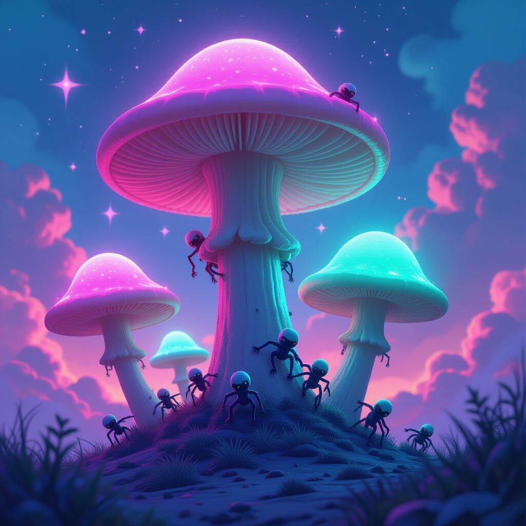 Psychedelic Neon Mushrooms with Surreal Creatures