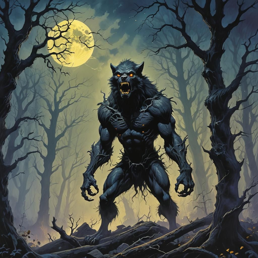 Werewolf Howling at Moon in Dark Fantasy Style
