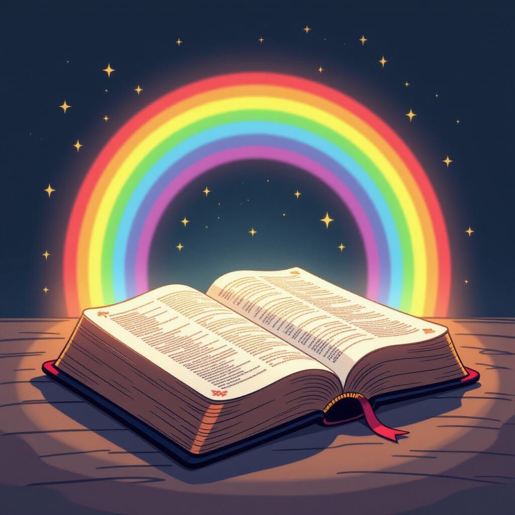 Glowing Bible with Rainbow Line Art for Coloring