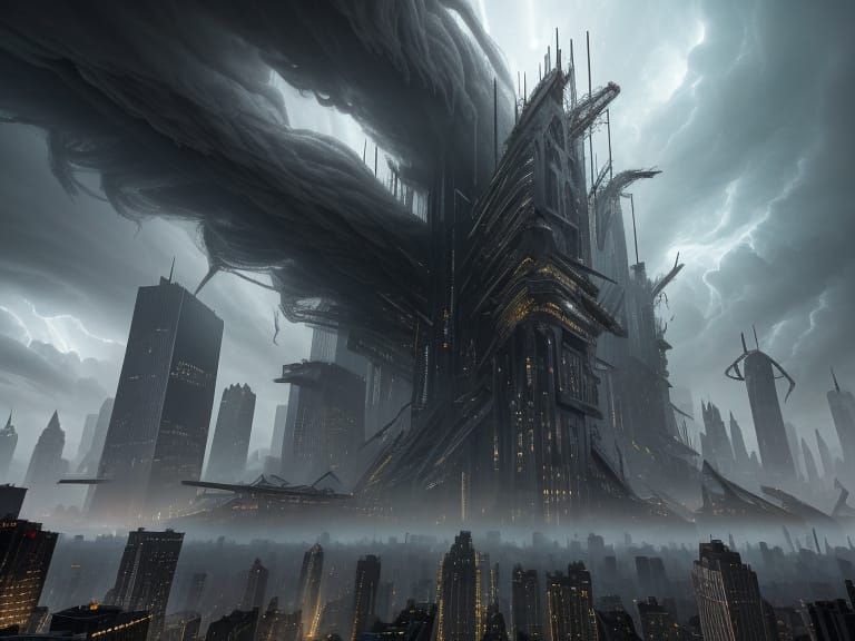 Futuristic City Devastated by Colossal Cyclone