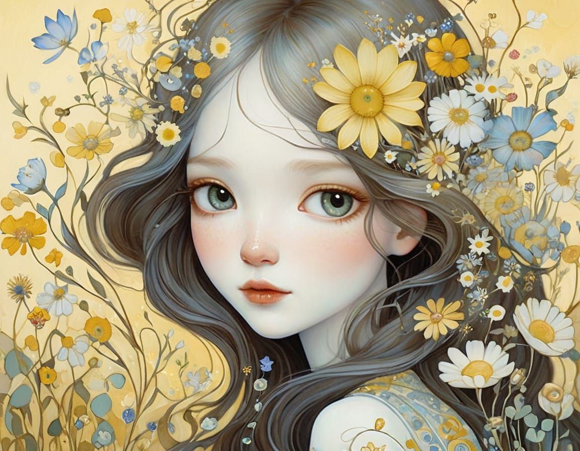 Delicate Pale Yellow Wildflowers in Klimt Style