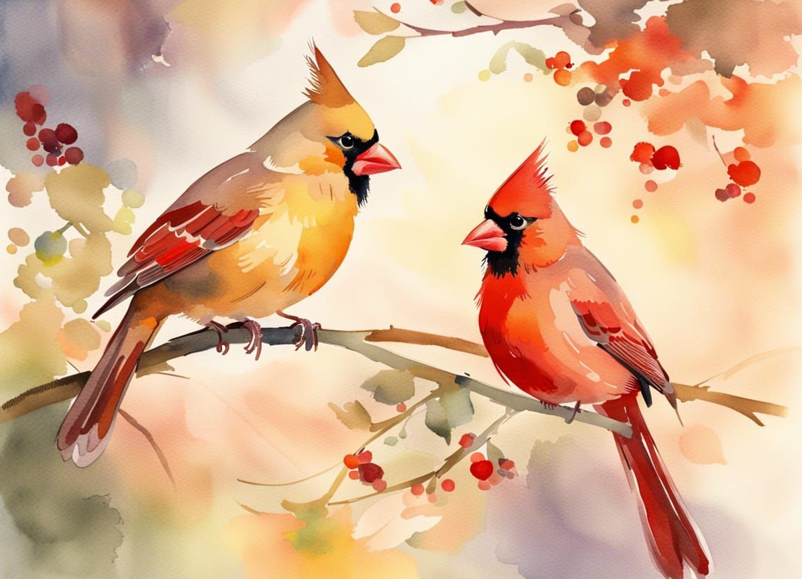 Cardinals on Branch in Impressionistic Watercolor