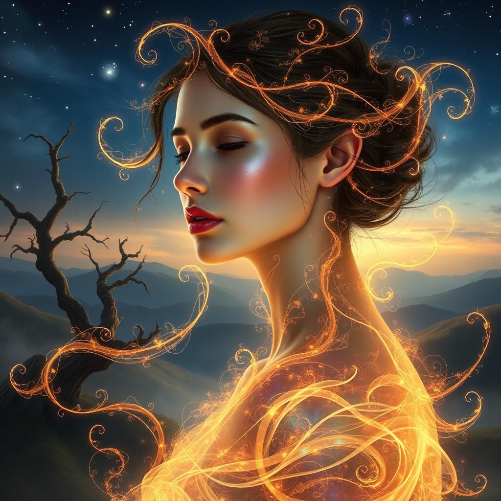 Ethereal Golden Mist Woman in Surreal Landscape