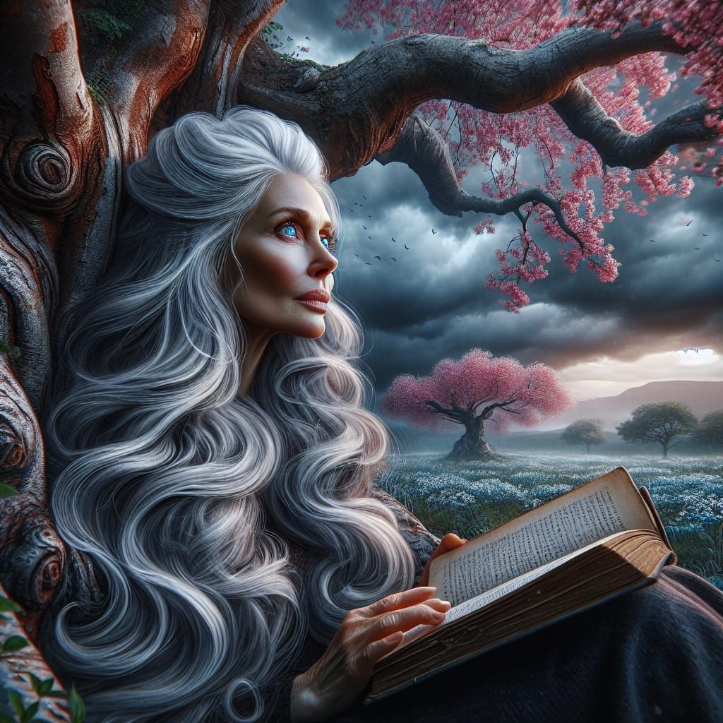 Elderly Woman Reading Under Stormy Sky in 4K