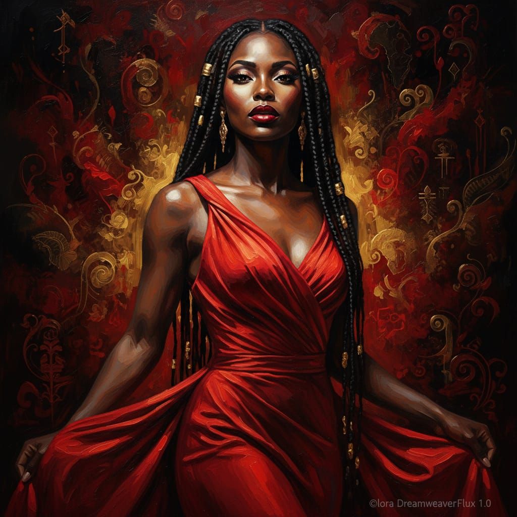 Elegant African Goddess Portrait in Red Dress
