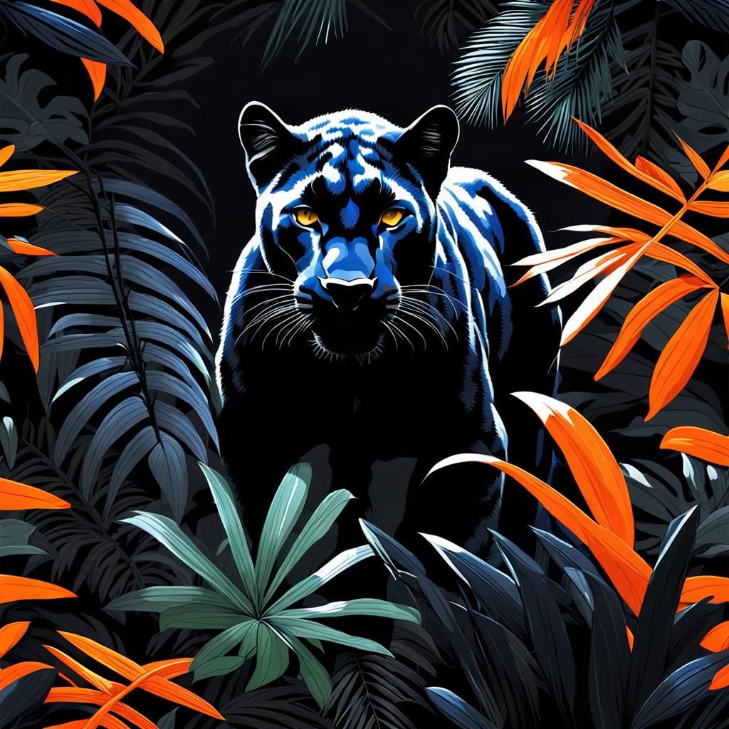 Stealthy Black Panther in Dark Jungle, Gouache Style