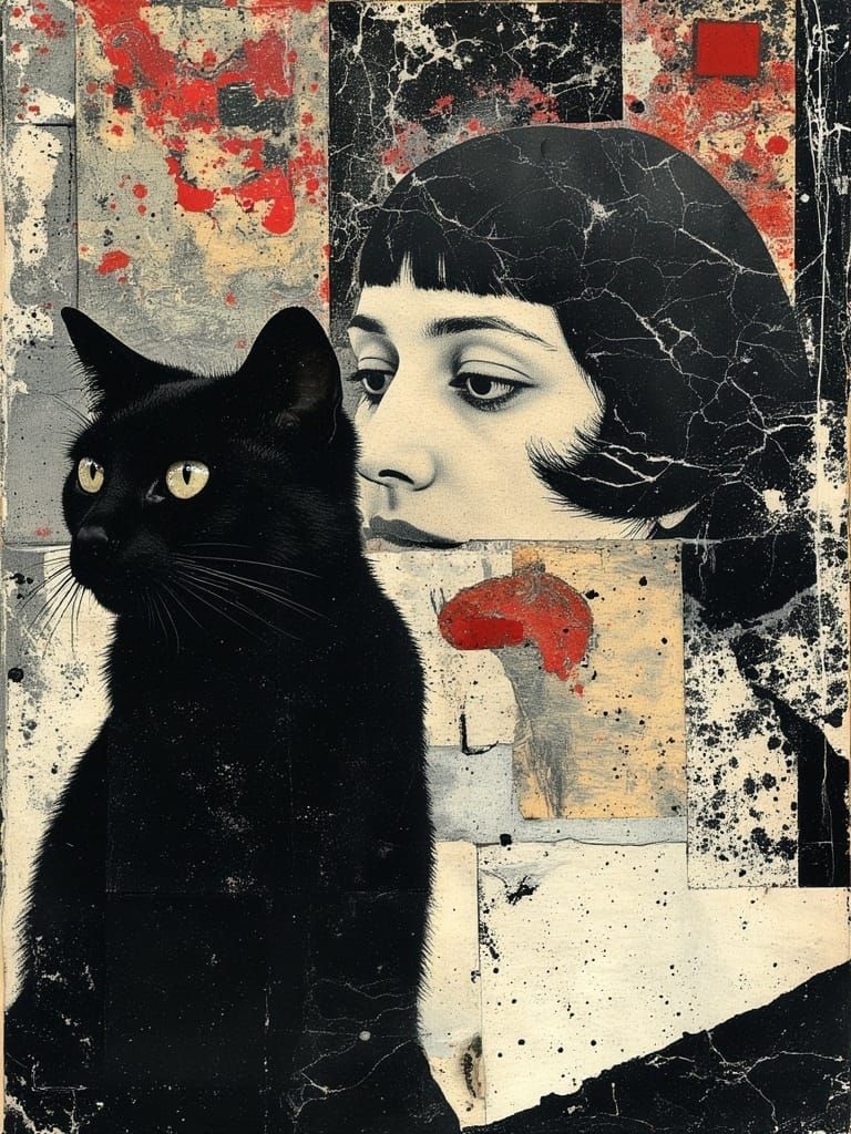 Whimsical Bohemian Cat Portrait in Iridescent Collage Style