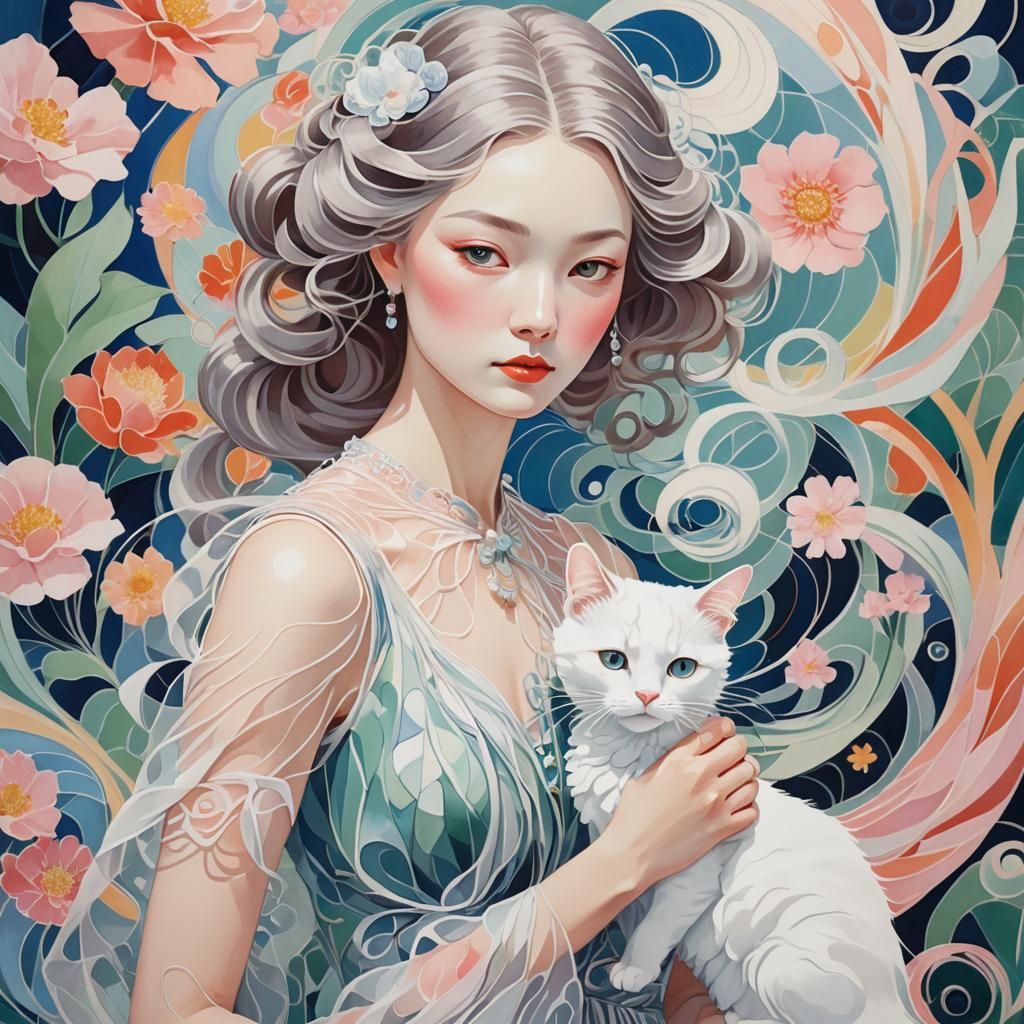 Elegant Lady with Cat in Art Nouveau Style