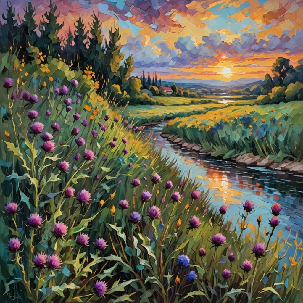 Expressionist Sunset Clouds Over Riverbank Path