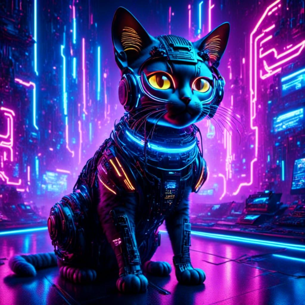 Cyberpunk Cat in Virtual Reality Motherboard