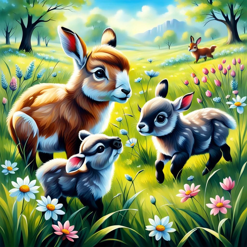 Spring Meadow with Cute Animals in Oil Painting Style