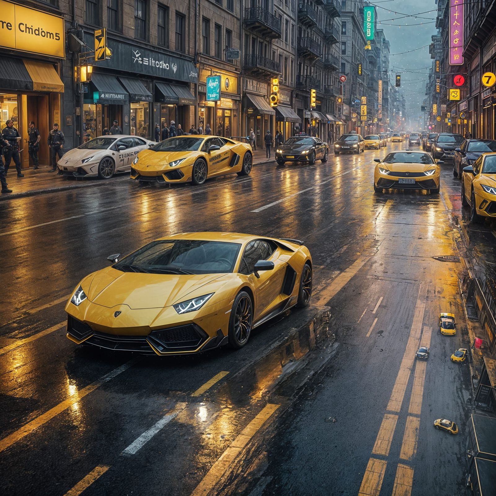 Yellow Lamborghini City Chase: Matte Painting