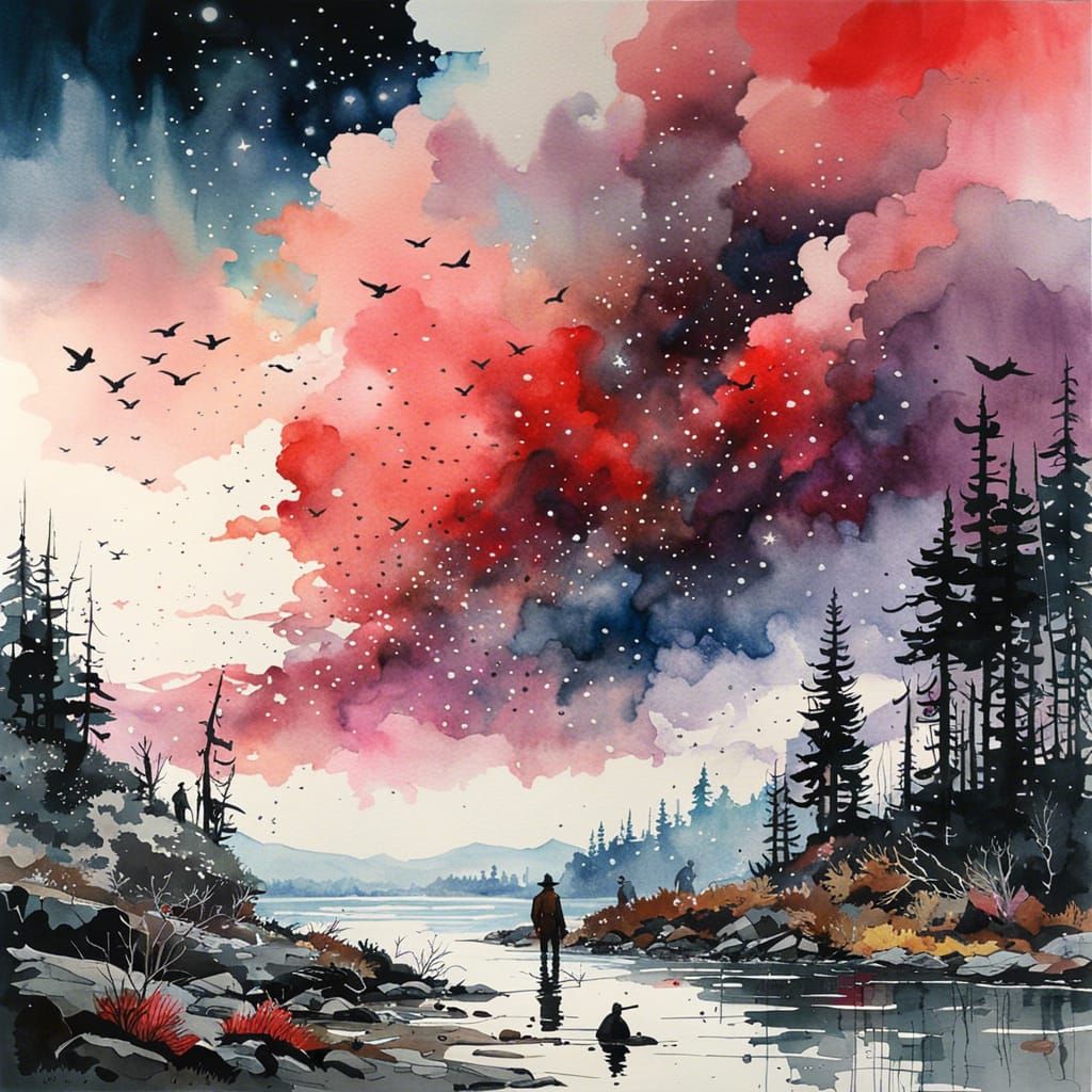 Nebula Sky with Birds in Watercolor Landscape