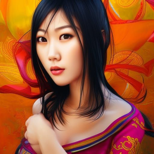 Alluring Asian Woman in Hyperrealistic Splash Art