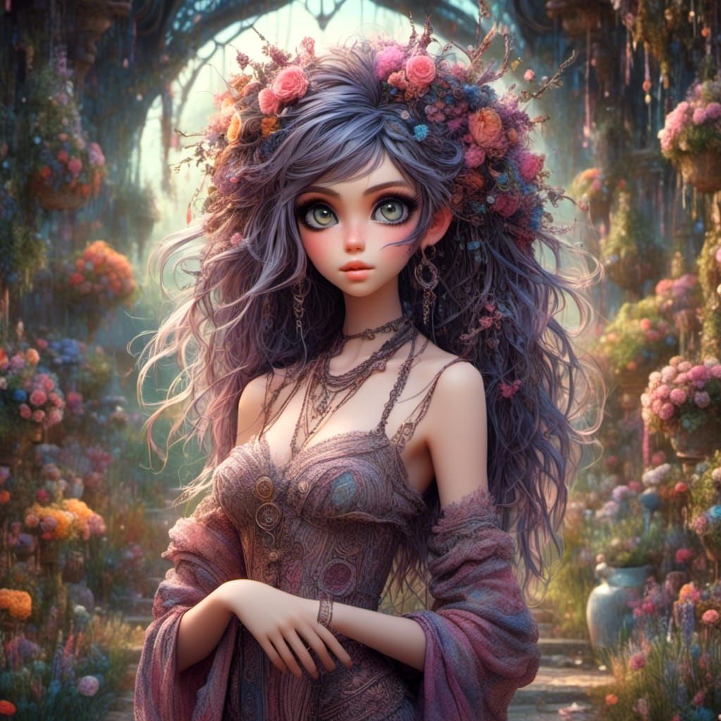 Beautiful Woman with Expressive Eyes in Magical Garden