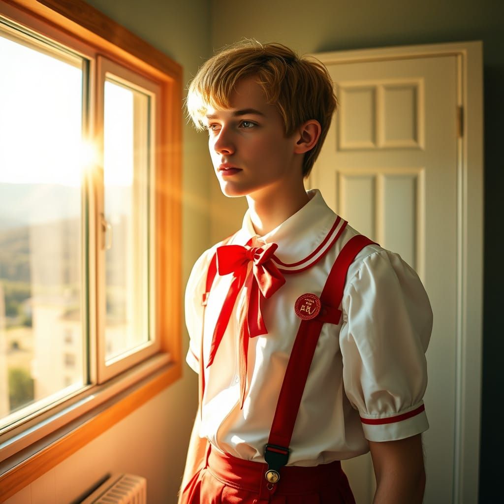 Young Man in School Uniform in Sunlit Room