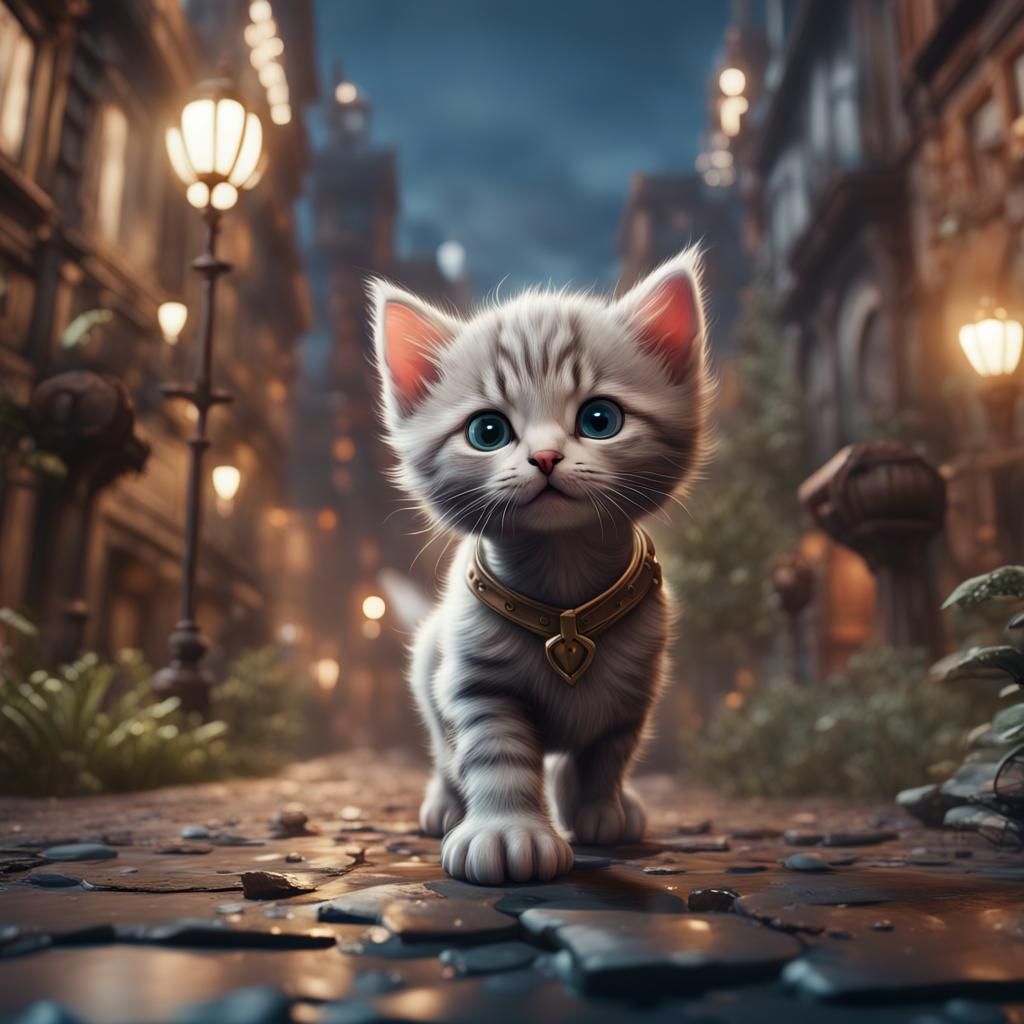 Kitten's Urban Adventure: Detailed Digital Matte Painting
