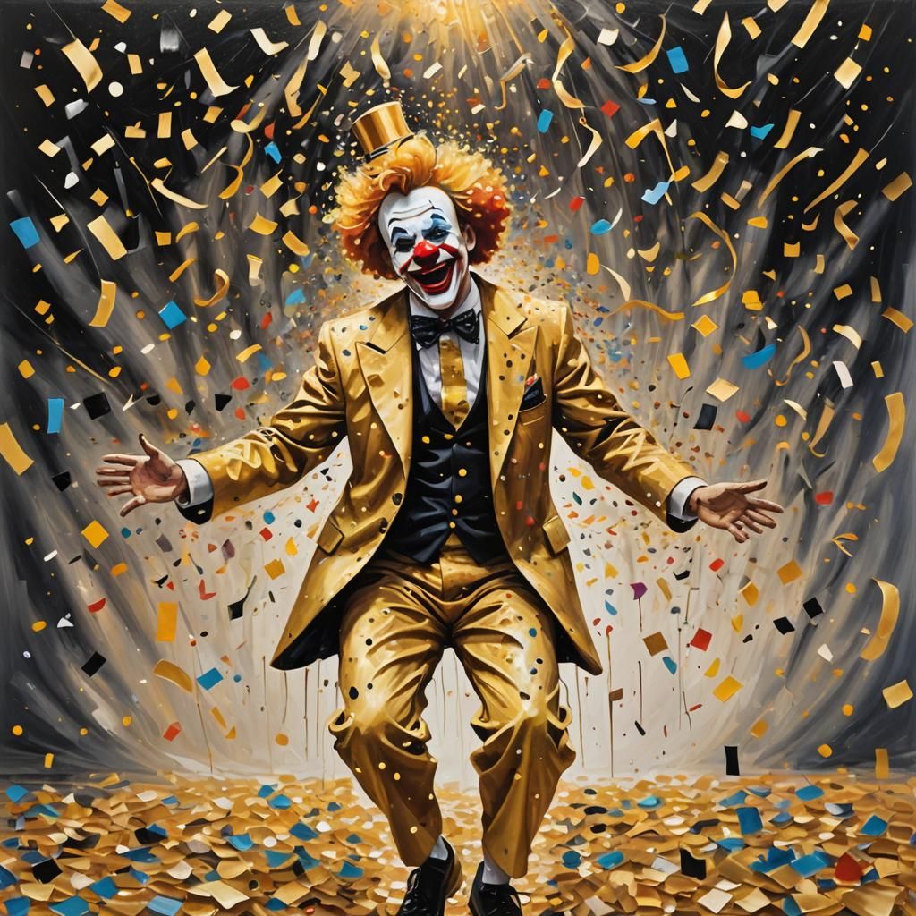 Golden Clown in Confetti Storm: Fauvist Oil Painting