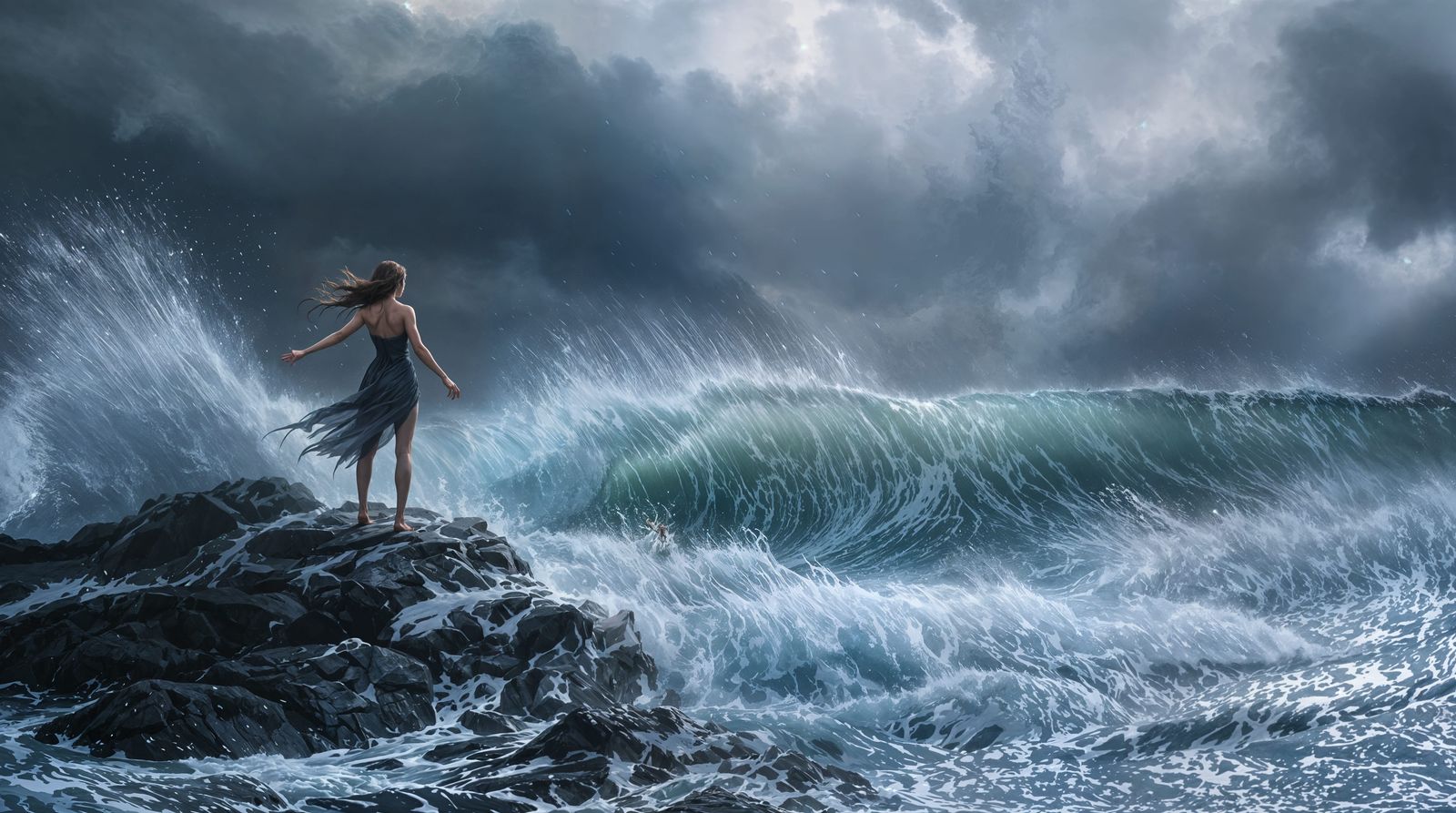 Mystical Sea Siren Commands the Waves in Stormy Skies