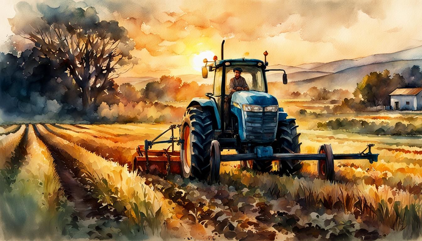 Golden Hour Farmer: Digital Watercolor Summerscape