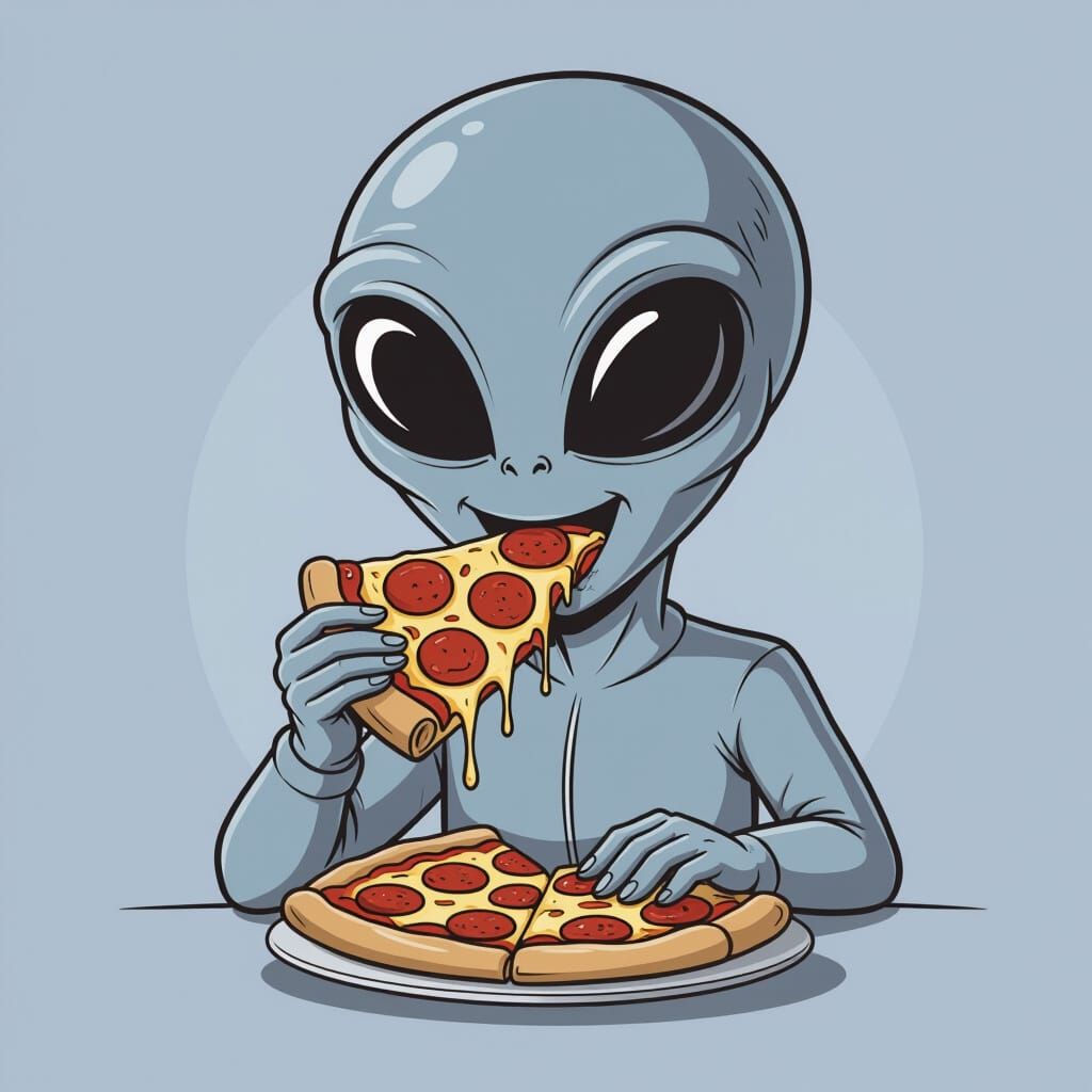 Grey Alien Eating Pizza Vector Art