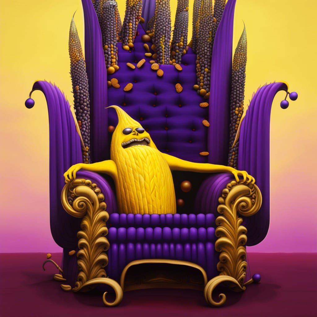 Surreal King Corn on Throne, Yellow and Purple