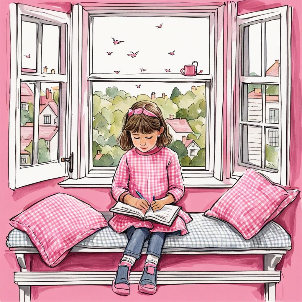 Girl Reading in Window Seat Drawing