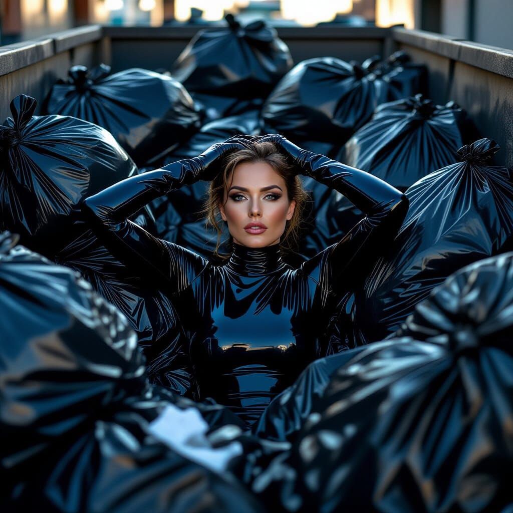 Latex Woman in Dumpster with Trash Bags