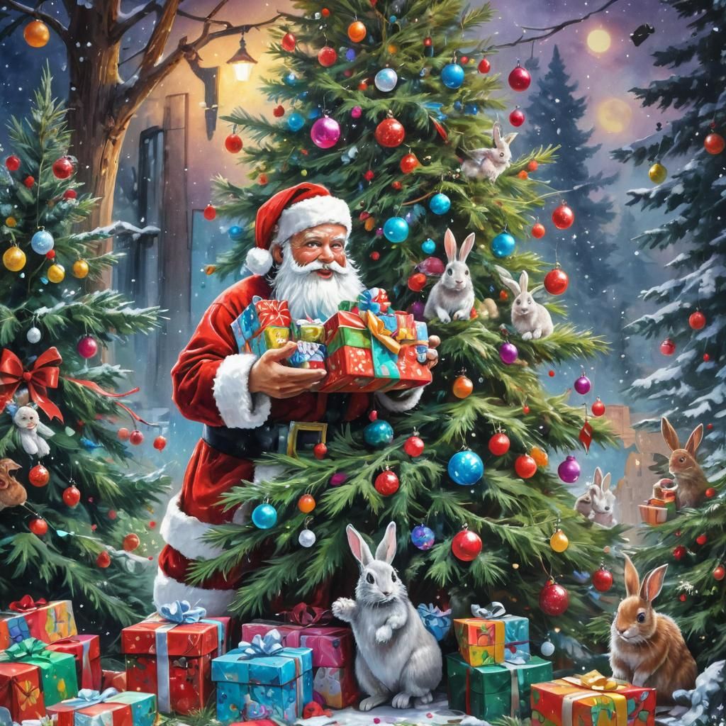 Graffiti Santa with Christmas Gifts and Bunnies