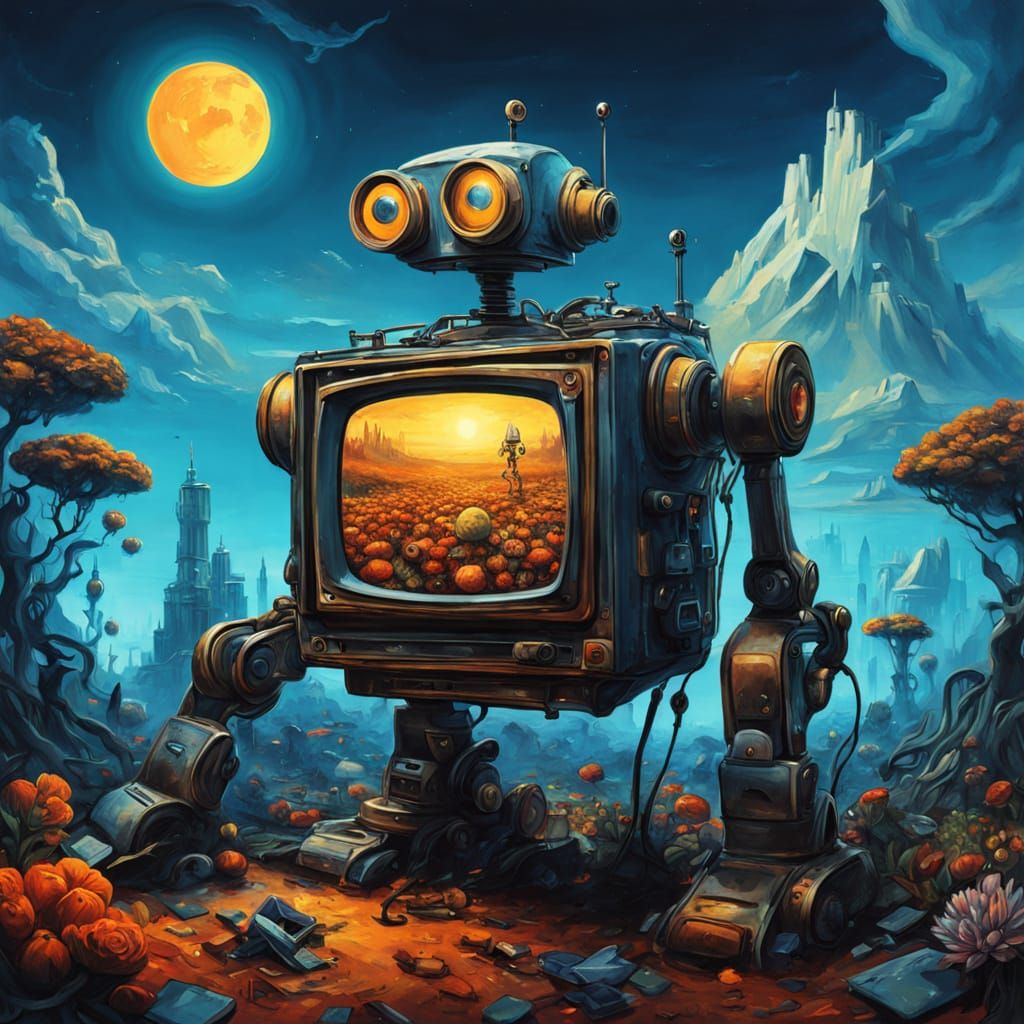 Robot Gardener on Floating Island in Surreal Oil Painting