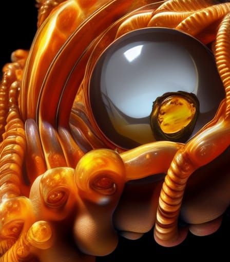 Alien Facehugger Encased in Amber: Hyperrealistic Close-Up