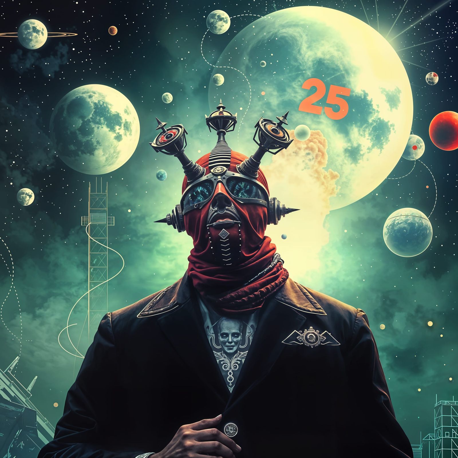 Surreal Quantum Monk in Dystopian Sci-Fi Landscape