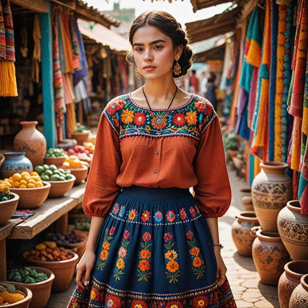 Vibrant Mexican Woman in Colorful Market Scene