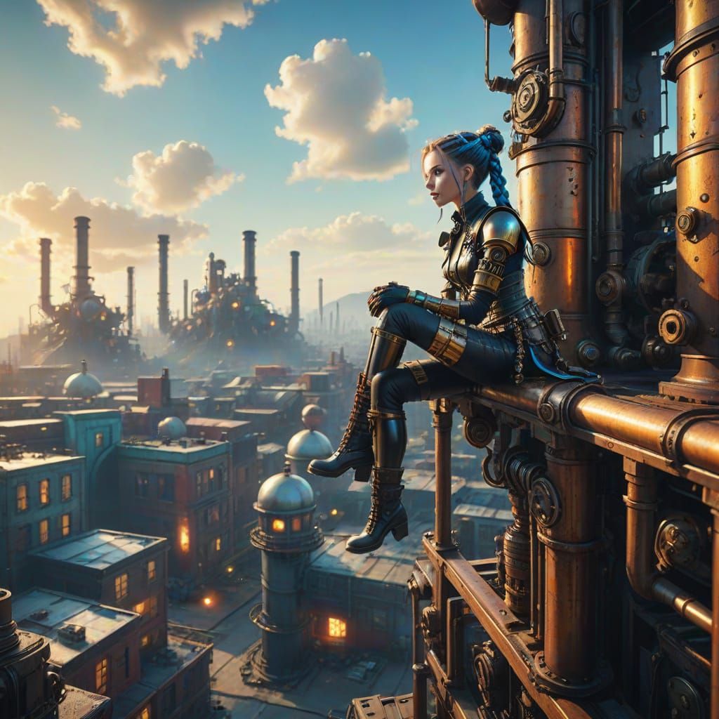 Steampunk Cityscape with Jinx, Inspired by Syd Mead and H.R....