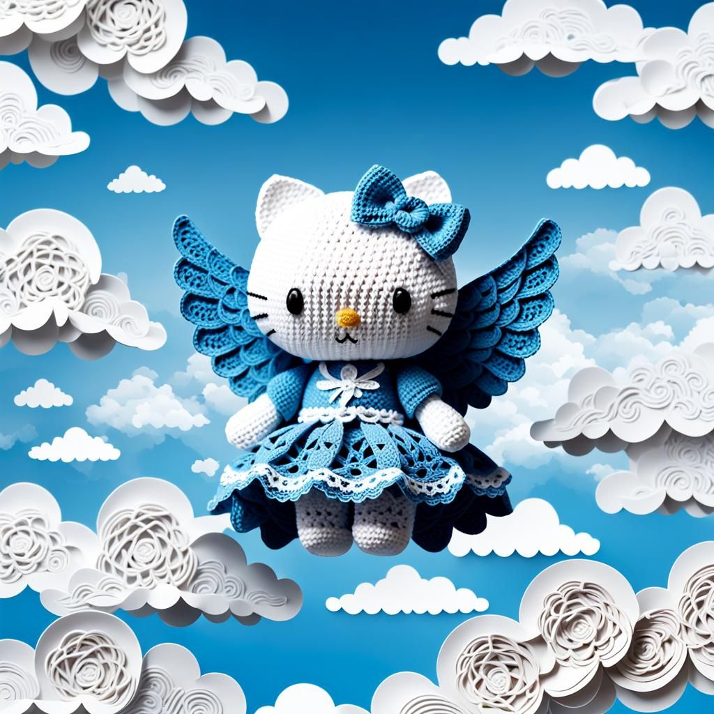 Crocheted Hello Kitty Angel in Blue Lace Sky