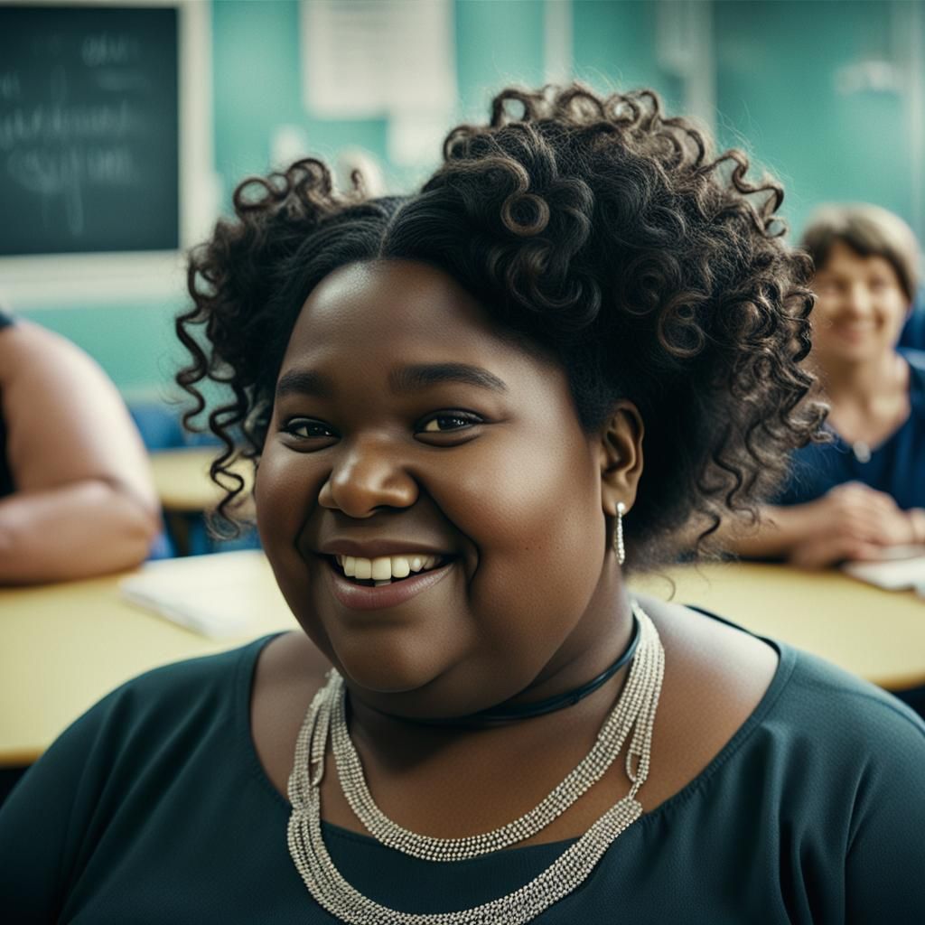 Smiling Black Girl in School Canteen: Cinematic Portrait