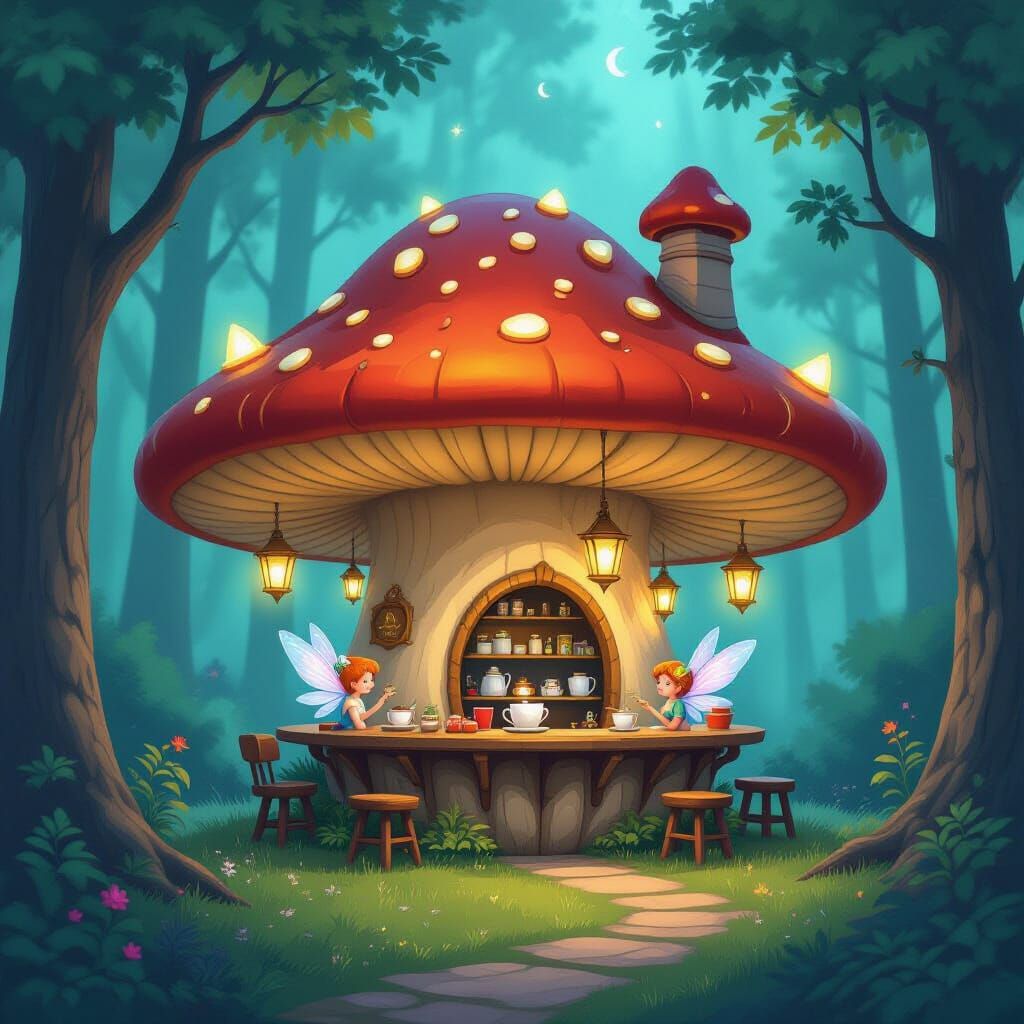 Enchanted Mushroom Cafe in Dreamlike Forest Glade