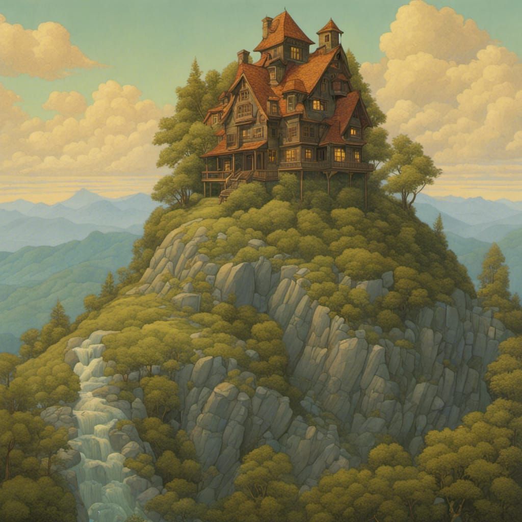 Mountain House on Hilltop in Landscape Art Style