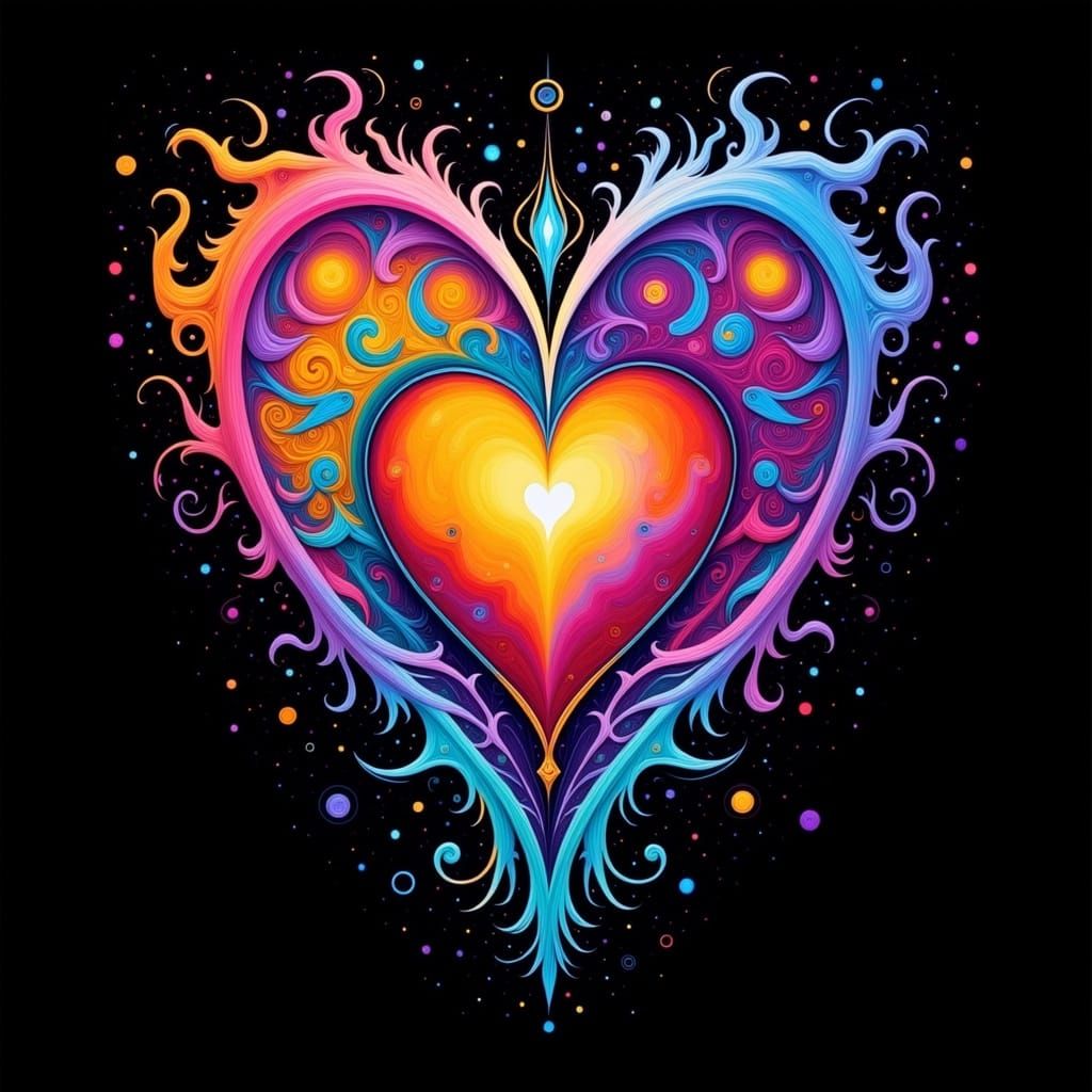 Rainbow Heart with Fractal Patterns in Cosmic Surrealism