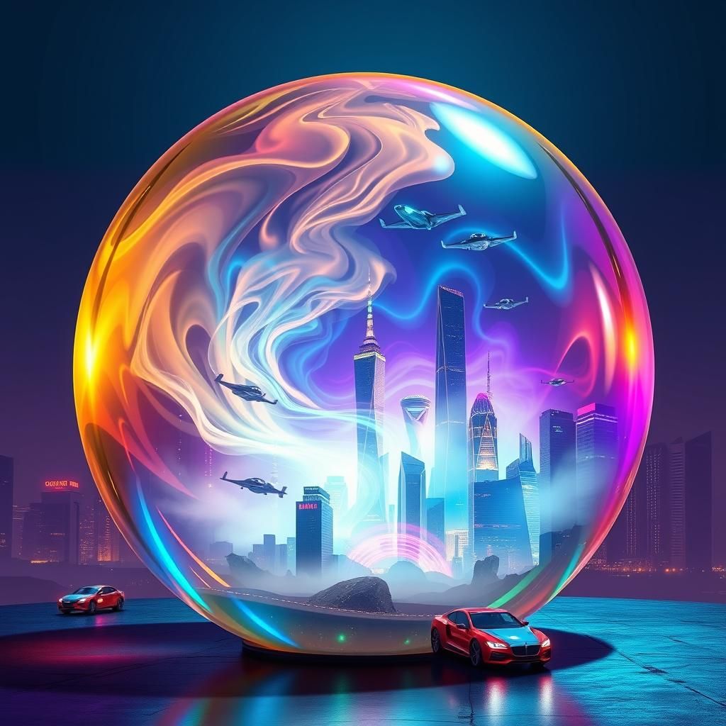 Futuristic Cityscape Reflected in Metallic Crystal Ball